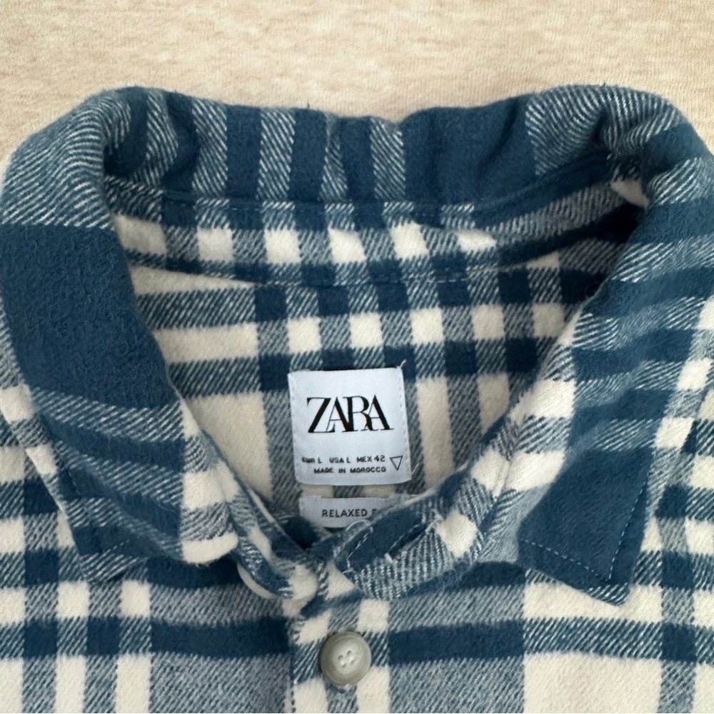 Zara Women’s Blue and White Checkered Cotton Shirt Size L - Picture 5 of 12